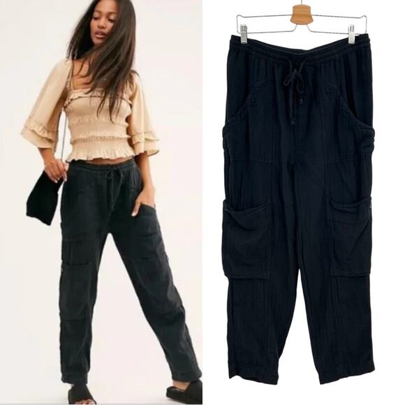 Free People Feelin' Good Pants Linen Blend Utility Cargo Black Size Small - Picture 1 of 11